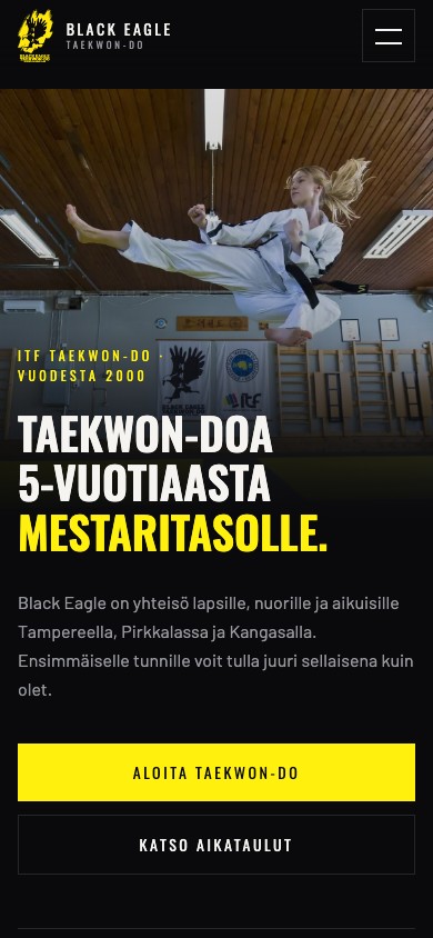 The Black Eagle Taekwon-Do homepage on a phone screen.