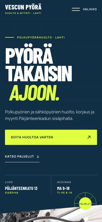 The Vescun Pyörä homepage on a phone screen.